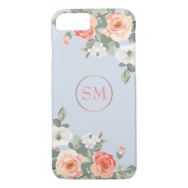 Peach Rose Dusty Blue Floral Monogram Case-Mate iPhone Case (Back)
