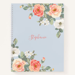Peach Rose Dusty Blue Floral Personalised Notebook