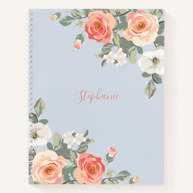 Peach Rose Dusty Blue Floral Personalised Notebook (Front)