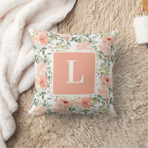 Peach Rose Floral Monogram Cushion