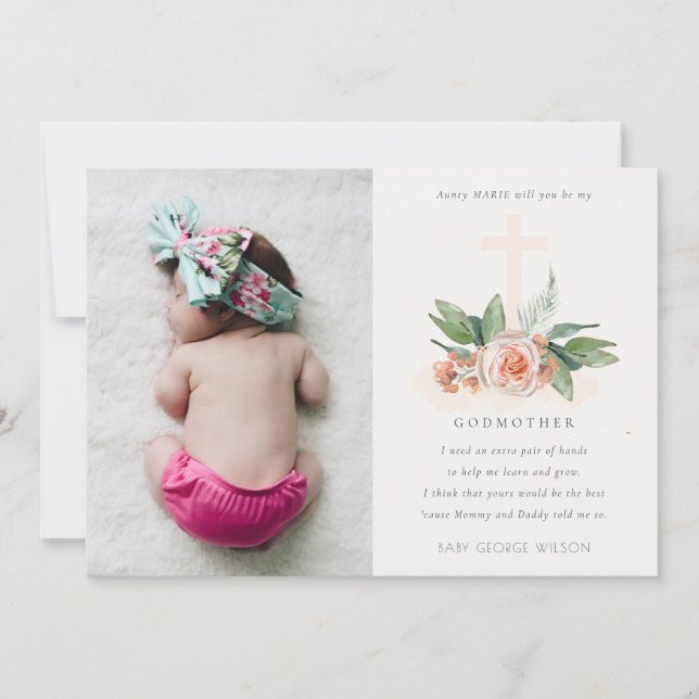Peach Rose Floral Photo Godmother Proposal Invite (Front)