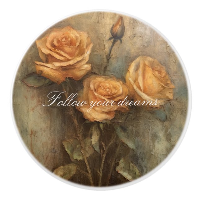 Peach Rose Floral Romantic Ceramic Knob (Front)