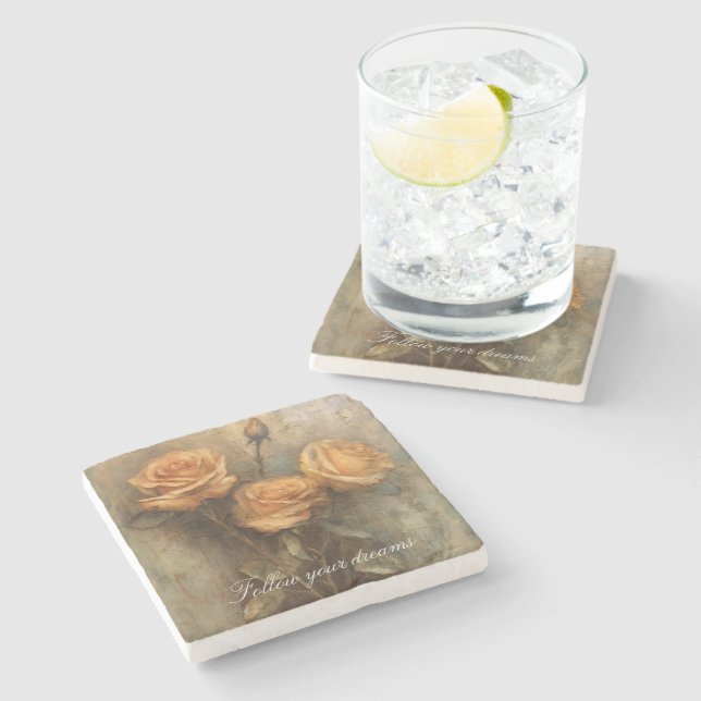 Peach Rose Floral Romantic Stone Coaster (Side)