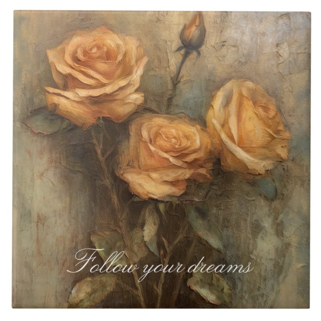 Peach Rose Floral Romantic Tile (Front)