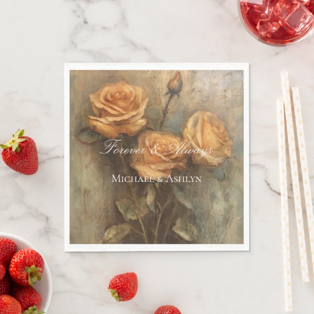 Peach Rose Floral Romantic Wedding Napkin (Insitu)
