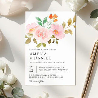 Peach Rose Floral Wedding Invitation