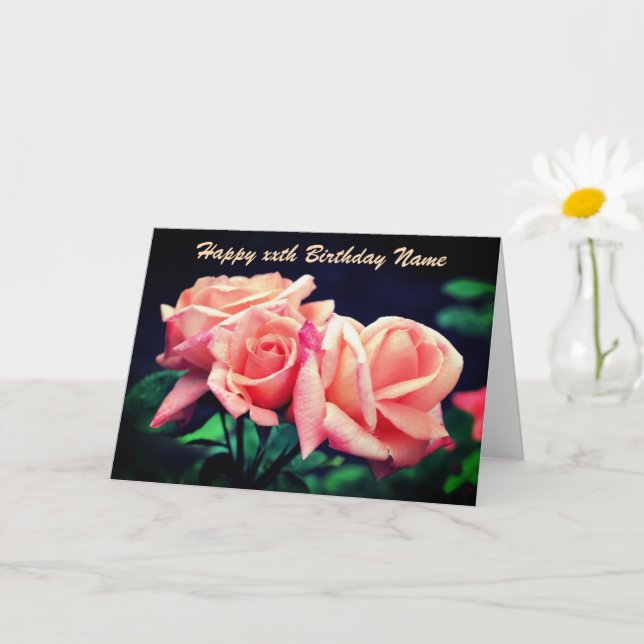 Peach Rose Flower Trio Personalised Birthday Card (Small Plant)