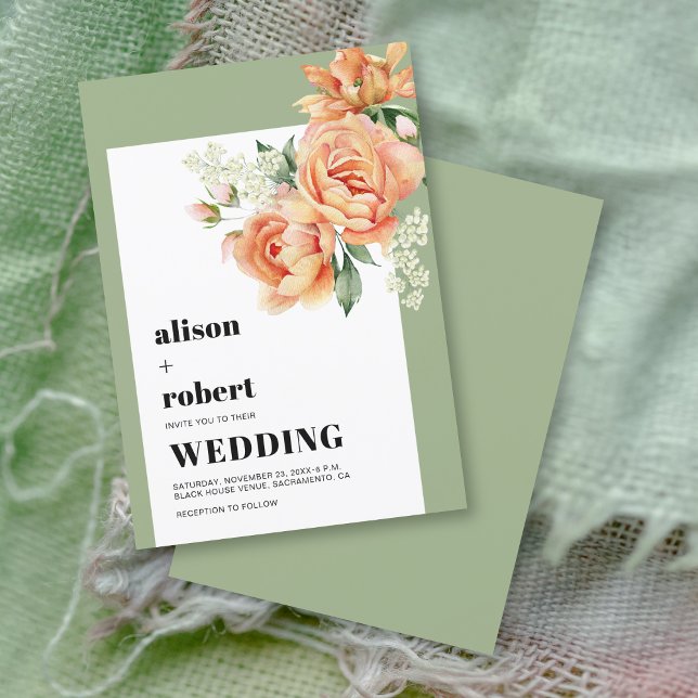 Peach rose flowers floral sage green wedding invitation (Creator Uploaded)