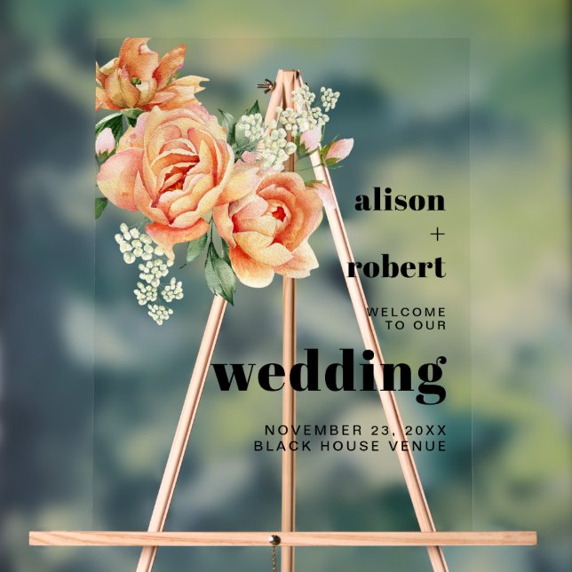 Peach rose flowers floral wedding WELCOME Acrylic Sign (Neutral)