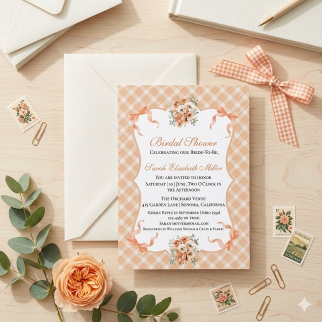 Peach Rose Gingham Chequered Bridal Shower Invitation (Creator Uploaded)