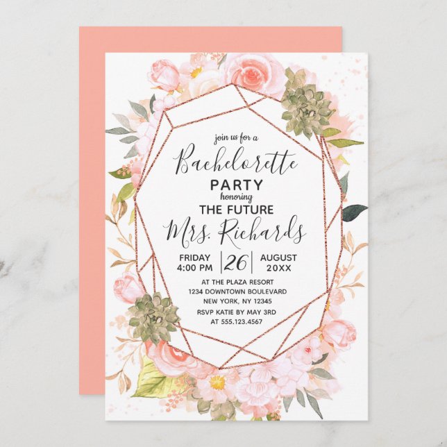 Peach & Rose Gold Bachelorette Party Invitation (Front/Back)
