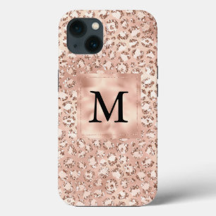 Peach Rose Gold Blush Pink Glitz Leopard Monogram  iPhone 13 Case