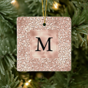 Peach Rose Gold Blush Pink Glitz Leopard Monogram  Ceramic Ornament