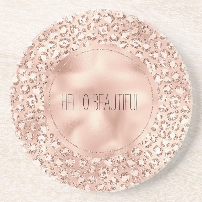 Peach Rose Gold Blush Pink Glitz Leopard Print     Coaster (Front)