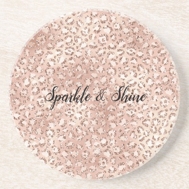 Peach Rose Gold Blush Pink Glitz Leopard Print     Coaster (Front)