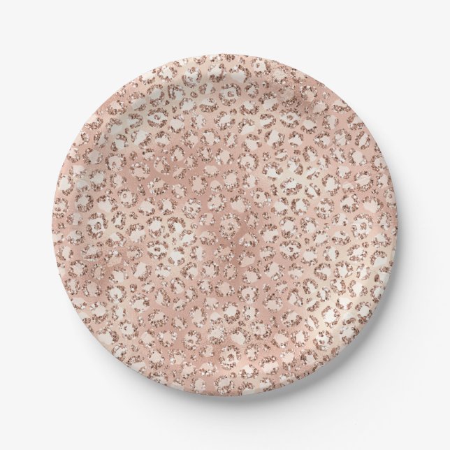Peach Rose Gold Blush Pink Glitz Leopard Print     Paper Plate (Front)