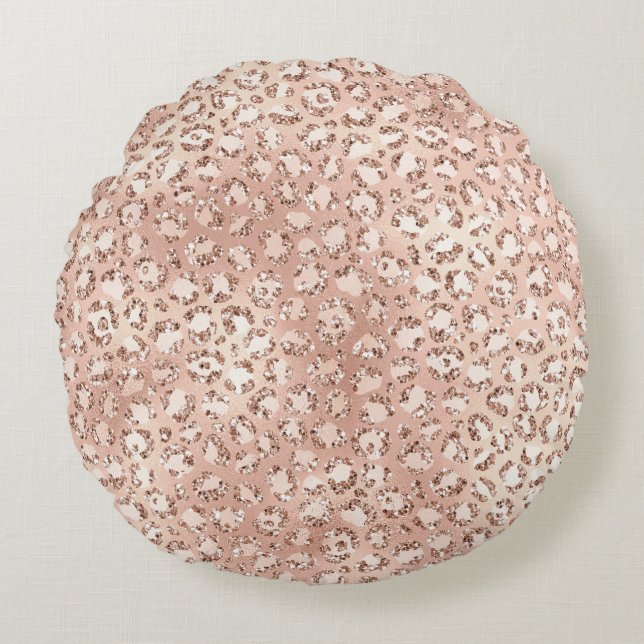 Peach Rose Gold Blush Pink Glitz Leopard Print   Round Cushion (Front)