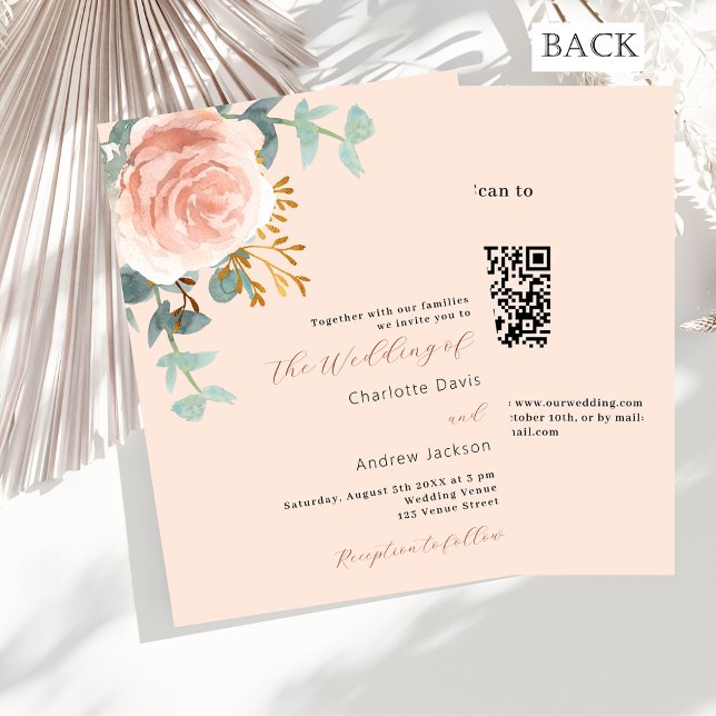Peach rose gold floral QR RSVP luxury wedding Invitation (Creator Uploaded)