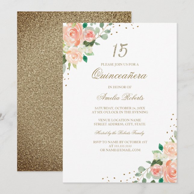 Peach Rose Gold Floral Quinceanera Invitation (Front/Back)