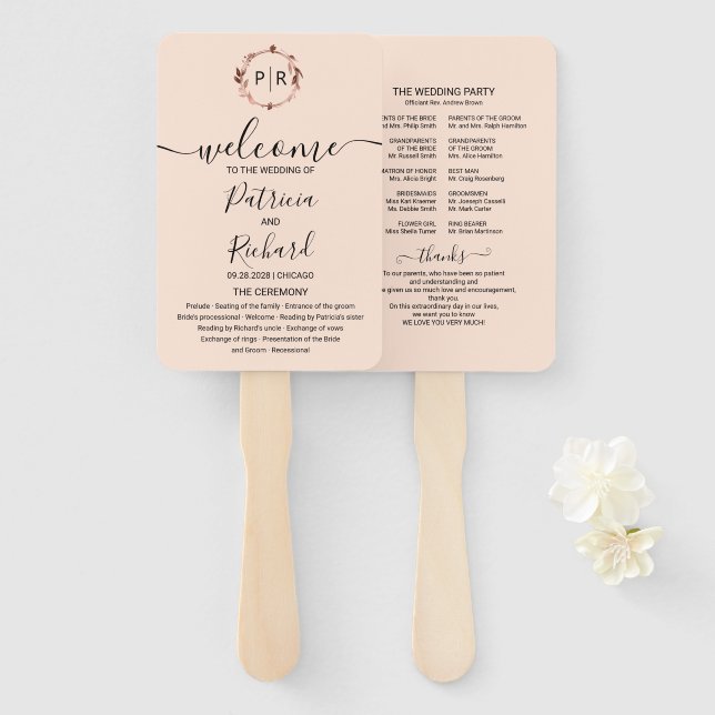 Peach Rose Gold Foil Wedding Program Hand Fan (Front and Back)