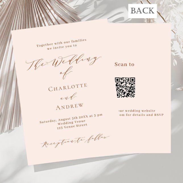 Peach rose gold formal QR code RSVP wedding Invitation (Creator Uploaded)