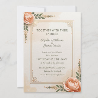 Peach Rose Gold Frame Botanical Wedding Invitation
