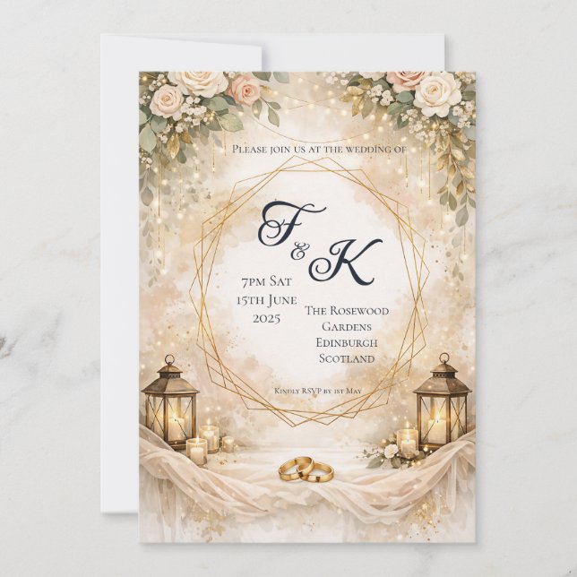 Peach Rose Gold Geometric Monogram Wedding Invitat Invitation (Front)