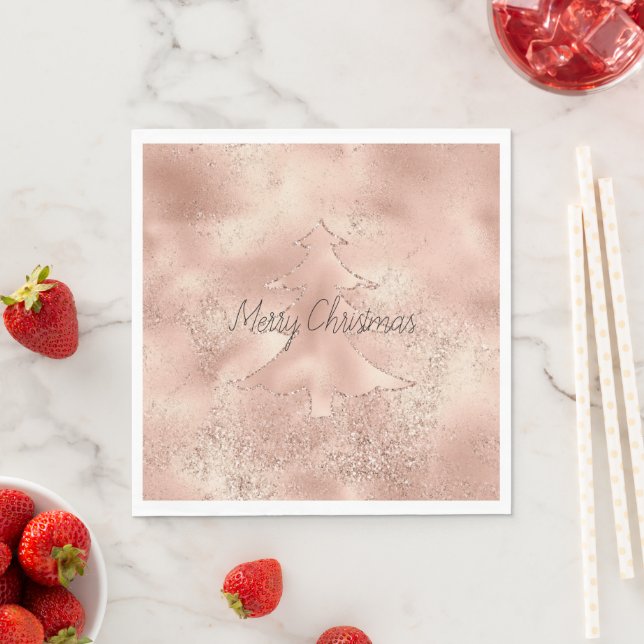 Peach Rose Gold Glitter Christmas Tree   Napkin (Insitu)