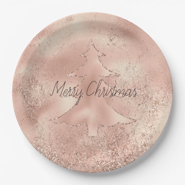 Peach Rose Gold Glitter Christmas Tree  Paper Plate (Front)