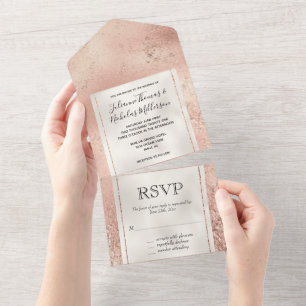 Peach Rose Gold Glitzy Glitter Luxe White All In One Invitation
