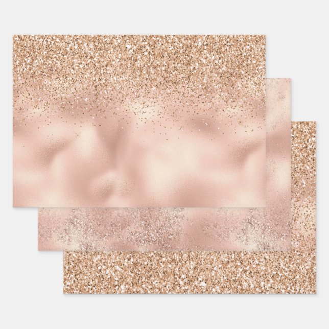 Peach Rose Gold Glitzy Glitter Sparkle   Wrapping Paper Sheet (Set)