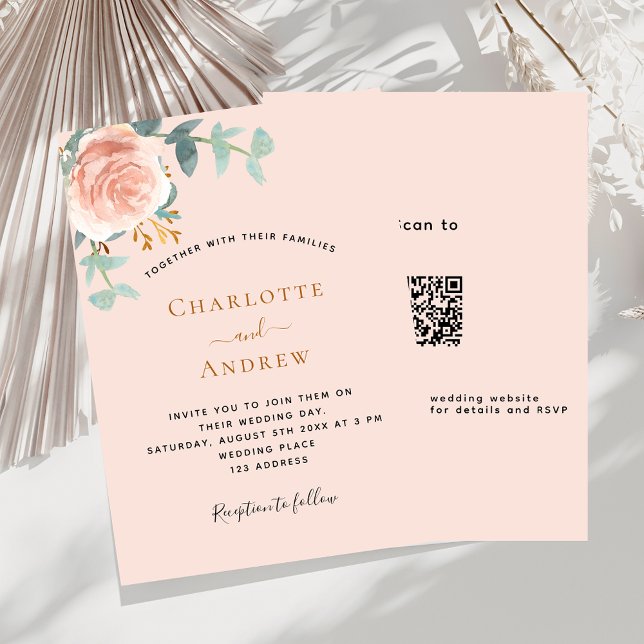 Peach rose gold greenery QR RSVP luxury wedding Invitation (Creator Uploaded)