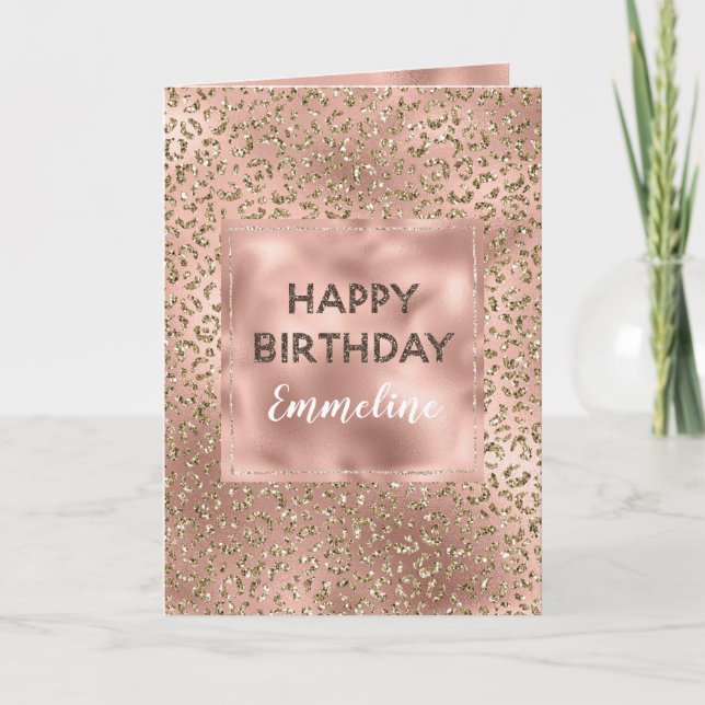 Peach Rose Gold Leopard Print Glitter Birthday    Card (Front)