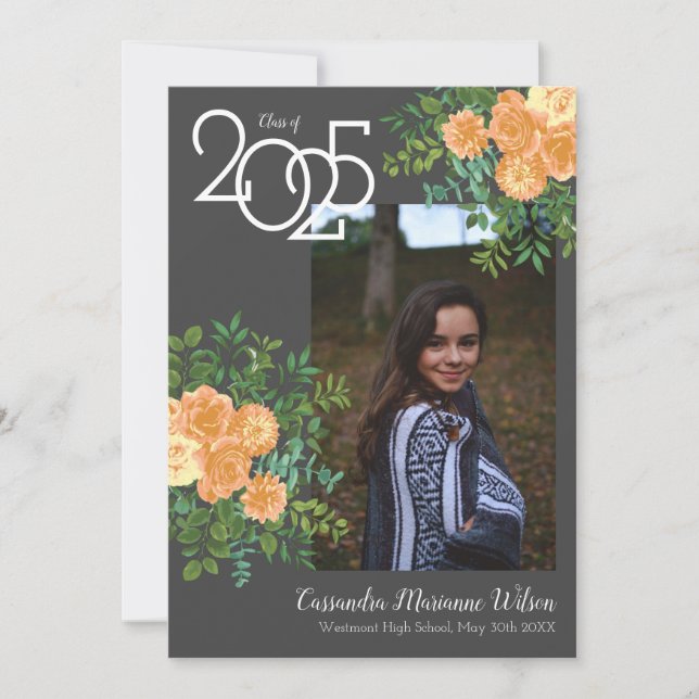 Peach Rose Grey Photo Graduation Announcement (Front)