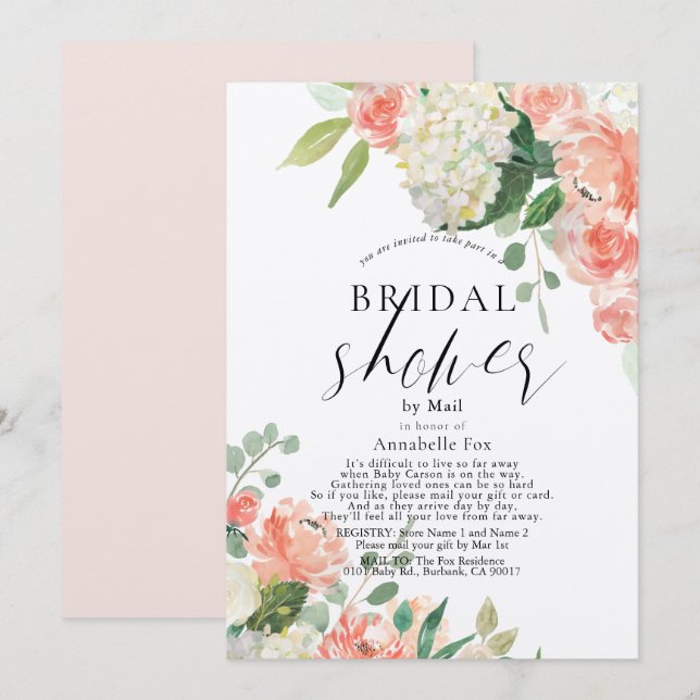 Peach Rose & Hydrangea Bridal Shower by Mail Invitation (Front/Back)