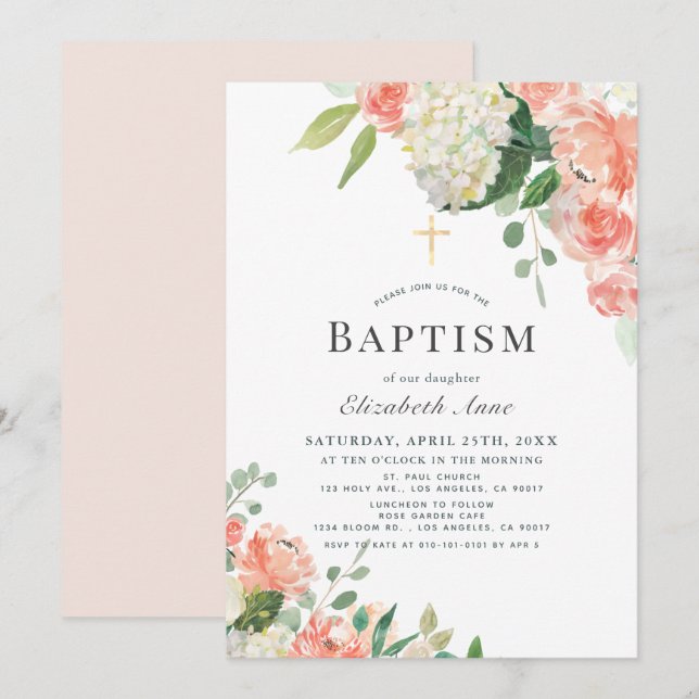 Peach Rose & Hydrangea Pink Girl Baptism Invitation (Front/Back)
