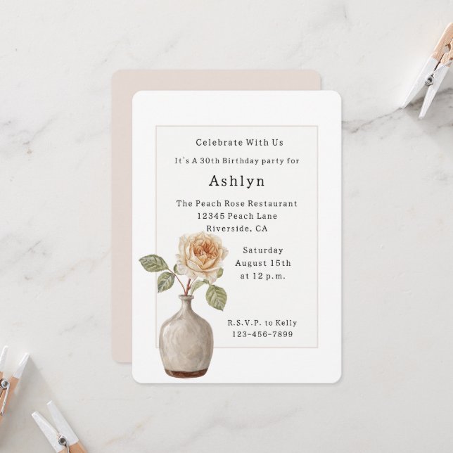 Peach Rose in Vase Birthday Invitation (Front/Back In Situ)