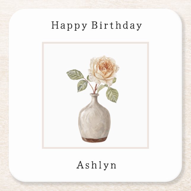 Peach Rose in Vase Birthday Square Paper Coaster (Front)