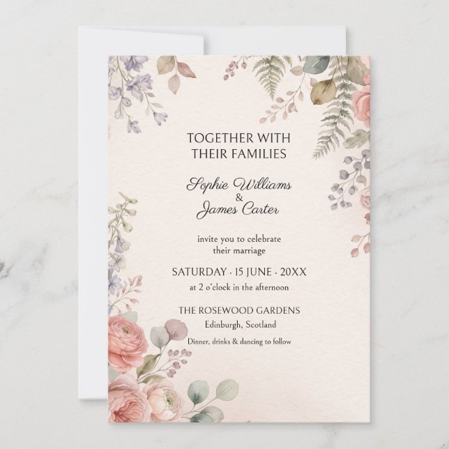 Peach Rose Lavender Botanical Wedding Invitation (Front)
