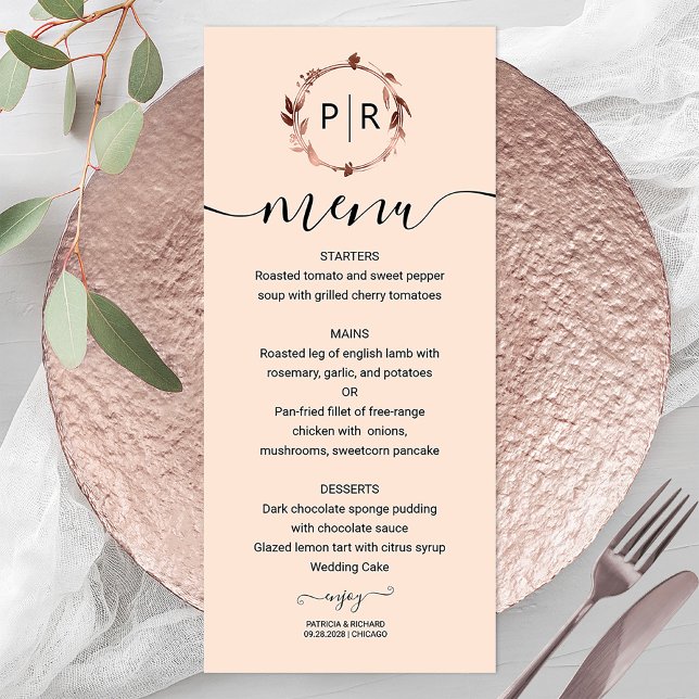 Peach Rose Monogram Photo Wedding Menu Card (Creator Uploaded)