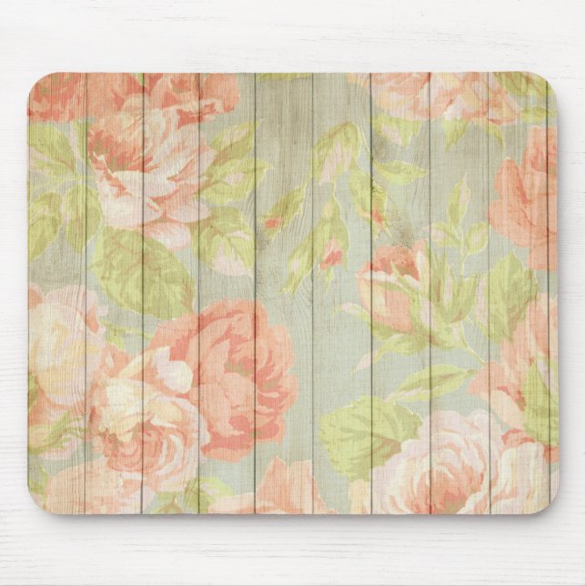 Peach Rose Pattern Country Fence Mouse Mat (Front)