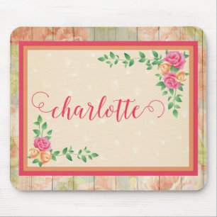 Peach Rose Pattern Country Fence Name Mouse Mat