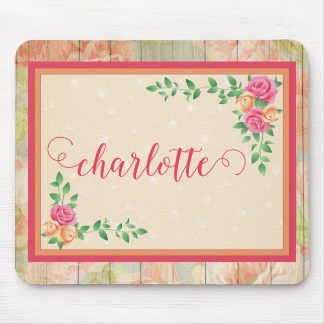 Peach Rose Pattern Country Fence Name Mouse Mat (Front)