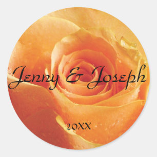 Peach Rose Personalised Round Wedding Sticker