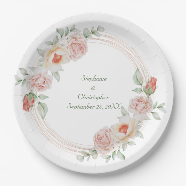 Peach Rose Pink Green Floral Gold Frame Wedding Paper Plate (Front)