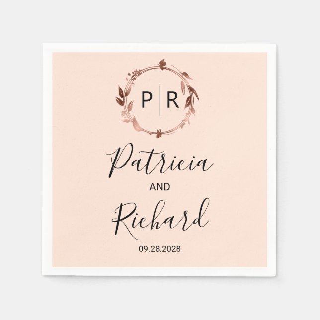 Peach Rose rose gold foil Monogram Wedding Napkins (Front)