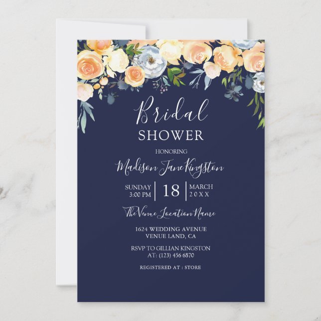 Peach Rose Thistle Watercolor Floral Bridal Shower Invitation (Front)