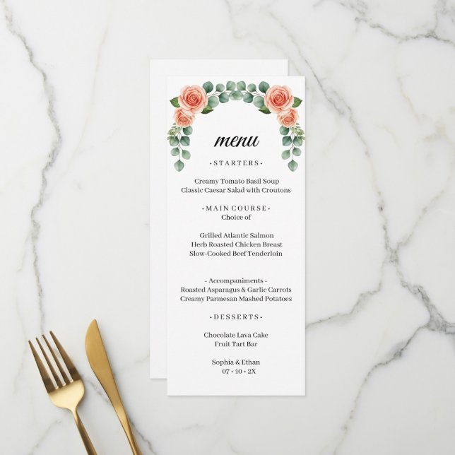 Peach Rose Watercolor Eucalyptus Arch Wedding Menu (Front/Back In Situ)
