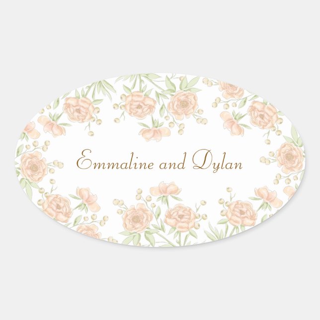Peach Rose Wedding Oval Sticker (Front)