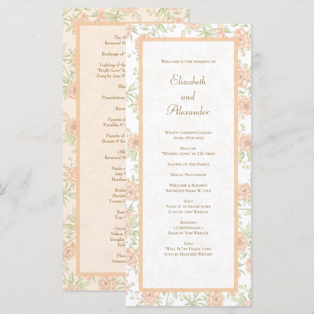 Peach Rose Wedding Programs Menu (Front/Back)